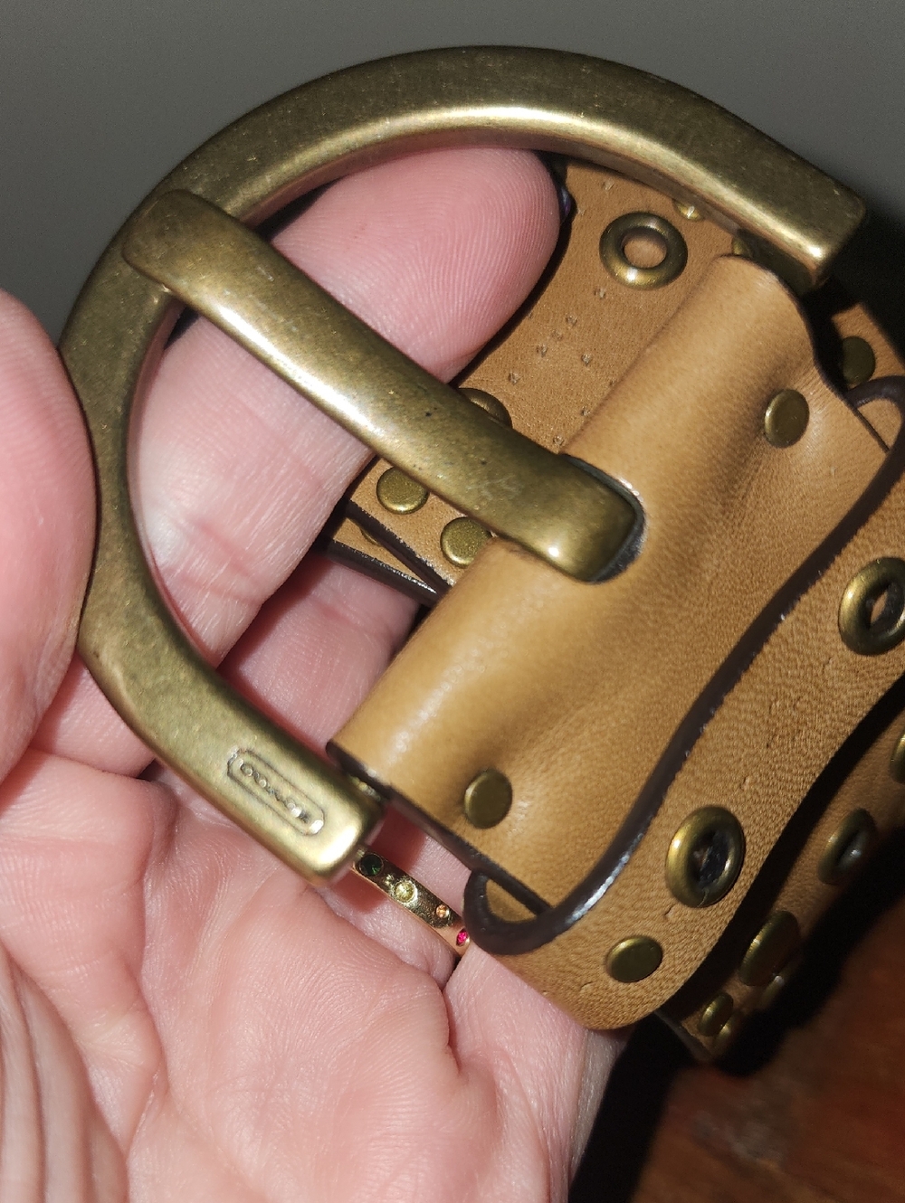 COACH Vintage Studded Tan Leather 2" Belt Antique Solid Brass Buckle Women Small - Picture 5 of 16